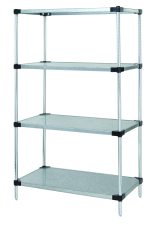Presenting the Quantum Solid Shelving Starter Kit with (4) solid shelves and sturdy posts, made of galvanized steel and NSF certified. This 36W x 14D x 54H unit supports 300-600 lbs, features black connectors, and offers an industrial design ideal for organized storage.