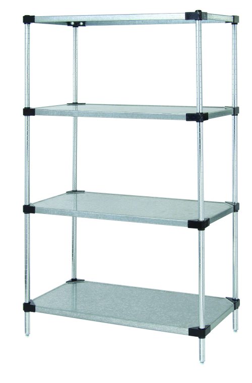 Presenting the Quantum Solid Shelving Starter Kit with (4) solid shelves and sturdy posts, made of galvanized steel and NSF certified. This 36W x 14D x 54H unit supports 300-600 lbs, features black connectors, and offers an industrial design ideal for organized storage.