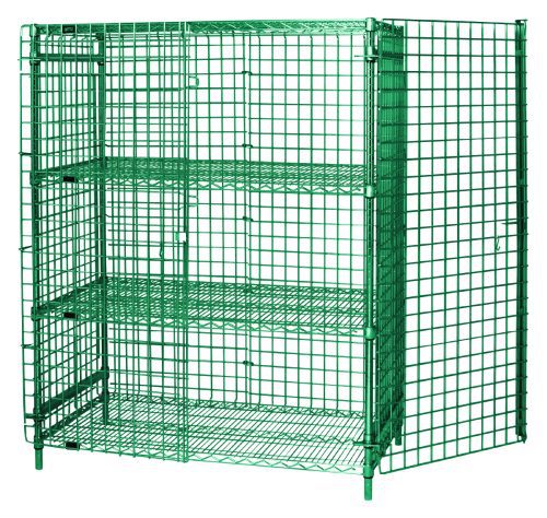 The Quantum Security Unit, measuring 36W x 18D x 63H, offers a green epoxy antimicrobial finish and features a top shelf, bottom shelf, two intermediate shelves, a security panel set (with back and sides), security panel doors, and four posts. Its ideal for secure storage or display.