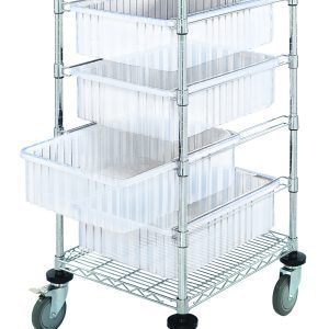 The Quantum Bin Cart is a chrome-plated utility cart measuring 21W x 24L x 45H. It features two wire shelves and four clear DG93060 bins (22-1/2L x 17-1/2W x 6H), along with casters for easy mobility, making it ideal for organized storage solutions.