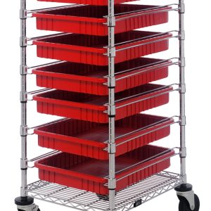 The Quantum Bin Cart is a mobile storage solution with a chrome-plated metal frame measuring 21W x 24L x 45H. It features two wire shelves and includes seven red bins (22-1/2L x 17-1/2W x 3H, DG93030) and caster wheels for easy mobility.