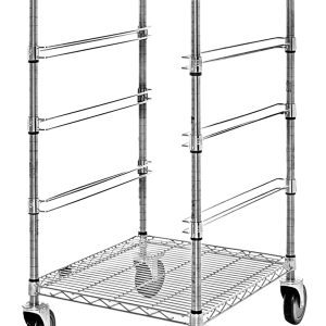 The Quantum Bin Cart is a mobile unit measuring 21W x 24L x 45H, featuring a chrome-plated finish with two wire shelves and four bin slides. It includes sturdy casters and silver corner posts for easy mobility, providing an open, grid-like design perfect for storage.