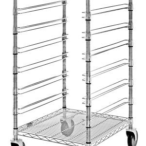 The Quantum Bin Cart is a mobile organizer with a chrome finish, featuring dimensions of 21W x 24L x 45H. It includes two wire shelves, seven bin slides, and a set of casters, making it perfect for efficient storage and transport of items.