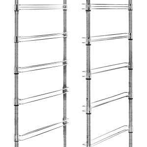 The Quantum Bin Cart is a tall, mobile storage solution with two wire shelves and seven bin slides. It measures 21W x 24L x 69H, comes in a chrome-plated finish, features adjustable shelves on four sturdy legs, and has casters for easy movement.