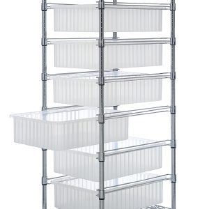 The Quantum Bin Cart, measuring 21W x 24L x 69H, features two wire shelves and seven clear bins (22-1/2L x 17-1/2W x 6H) with one partially pulled out. It smoothly rolls on swivel casters and has a chrome-plated finish, blending style and functionality seamlessly.