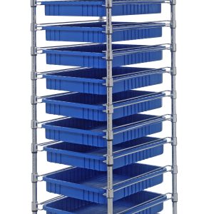 The Quantum Bin Cart is a mobile storage solution with a chrome-plated finish, featuring two wire shelves and 11 blue bins measuring 22.5L x 17.5W x 3H. Its dimensions are 21W x 24L x 69H, and it includes casters for easy transport.
