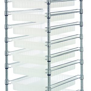 The Quantum Bin Cart is a tall, chrome-plated rolling cart measuring 21W x 24L x 69H. It includes two wire shelves, eleven clear bins (22-1/2L x 17-1/2W x 3H), and a set of casters for smooth mobility.