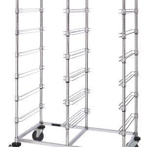 The Quantum Bin Cart is a mobile, double bay unit measuring 24W x 40L x 69H, featuring slides for 14 bin levels. It has a chrome-plated finish and four swiveling wheels, perfect for holding baking trays or sheets.