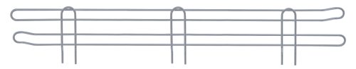 The Quantum Back Ledge comprises parallel binding bars, each 42W x 4H, with loops at both ends. It features four vertical prongs and is crafted from thin gray metal wire with an antimicrobial epoxy finish.