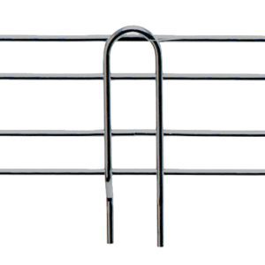 The Quantum Back Ledge, measuring 42W x 4H, is crafted from 304 stainless steel and features two horizontal bars supported by vertical U-shaped loops. It boasts a minimalist design set against a white background.