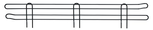 The Quantum Back Ledge, 48W x 4H, features a black metal wire rack with an antimicrobial epoxy finish, two horizontal bars with elegantly looped ends, and three vertical supports, creating a minimalistic ledge against a white backdrop.
