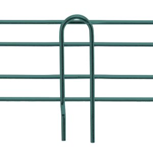 The Quantum Back Ledge features a 48W x 4H design with a green epoxy antimicrobial finish, offering stability and durability with loops at both ends and vertical sections.
