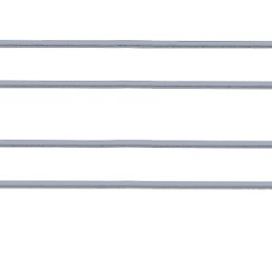 The Quantum Back Ledge, 54W x 4H with a gray epoxy antimicrobial finish, is equipped with a metal wire divider featuring end loops and three vertical supports to keep items organized.
