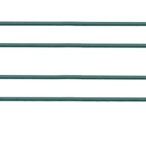 The Quantum Back Ledge, 60W X 4H, with a green epoxy antimicrobial finish, has two horizontal rods and three vertical loops. Its flat, elongated design resembles a plant support, making it ideal for garden use.