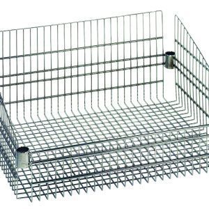 The Quantum Basket is a chrome plated, post-mount organizer tray with two tiers measuring 18W x 24L x 10H. It features horizontal and vertical wires with side metal connectors and includes four split sleeves. Each basket supports up to an 800 lb load and is designed for easy stacking of additional trays.