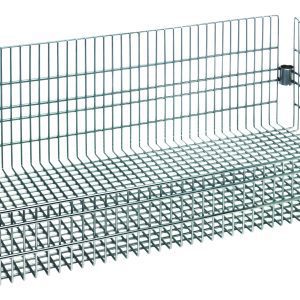 The Quantum Basket is a chrome-plated, rectangular, silver wire basket with raised sides and an open grid design. It measures 18W x 36L x 10H, boasting an 800 lb. load capacity per basket and includes (4) split sleeves for attachment or stacking.