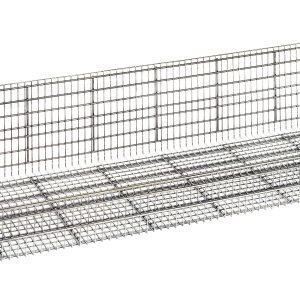 The Quantum Basket is a large, chrome-plated wire cage with an open top, measuring 18W x 60L x 10H. It features two sections and a hinged door for capturing or holding animals, includes four split sleeves for easy assembly, ensuring stability, and supports up to 600 lb. per basket.