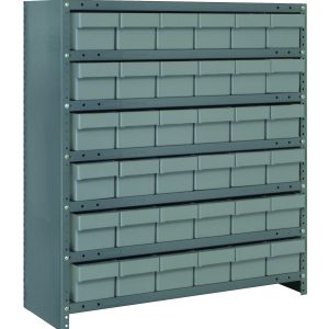 The Quantum Shelving Unit is a heavy-duty, galvanized steel cabinet that measures 12D x 36L x 39H. It includes seven shelves and 36 clear black bins for efficient organization, perfect for small item storage with a robust industrial design.