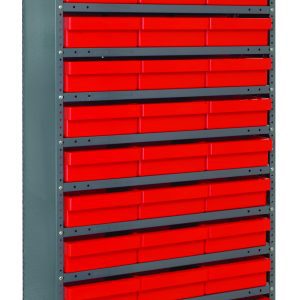 The Quantum Shelving Unit features a heavy-duty galvanized steel frame, 12D x 36L x 75H, with a 400 lb. load capacity per shelf. It includes 13 shelves and 36 red black bins (11-5/8L x 11-1/8W x 4-5/8H), perfect for organizing tools or small items in a uniform setup.