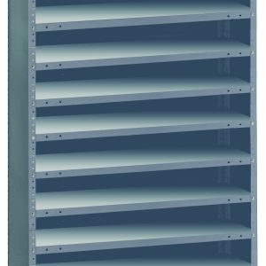 The Quantum Shelving Unit is a tall, blue metal unit with 13 shelves measuring 18D x 36L x 75H, each supporting a 400 lb. load capacity. It features adjustable side panels and an open front, ideal for organizing items in garages or warehouses.