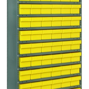The Quantum Shelving Unit is a tall, green rack sized 18D x 36L x 75H with heavy-duty capacity. It includes 13 shelves and has 72 small yellow bins (17-7/8L x 5-9/16W x 4-5/8H each) for optimal organization, featuring galvanized steel finish along with uprights and cross bars.
