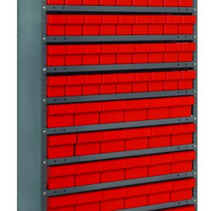The Quantum Shelving Unit is a tall, galvanized steel structure measuring 18D x 36L x 75H. It features 13 shelves that hold red and black bins—54 QED604 and 36 QED602—snugly in place, each supporting up to 400 lbs., ideal for organized storage of small parts or supplies.