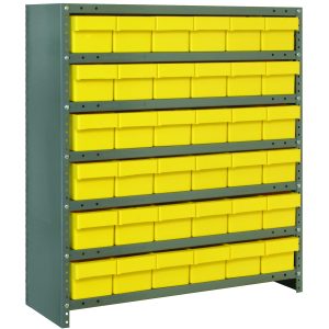The Quantum Shelving Unit, a heavy-duty galvanized steel rack, offers a 400 lb. load capacity per shelf and includes seven shelves with 36 yellow bins (24L x 5-9/16W x 4-5/8H). Ideal for organizing any space, it measures 24D x 36L x 39H.