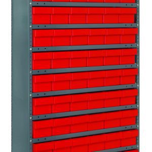 The Quantum Shelving Unit, measuring 24D x 36L x 75H, includes 13 shelves with a total of seventy-two QED603 bins (each 24L x 5-9/16W x 4-5/8H), securely arranged in columns. Its heavy-duty galvanized steel supports a load of up to four hundred pounds per shelf.