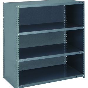 The Quantum Ironman is a closed 22 gauge steel shelving unit measuring 12W x 36L x 39H, featuring four adjustable shelves with a load capacity of 400 lbs each.