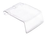 The Quantum Clear Lid for bin QUS210, a rectangular plastic case with rounded edges, is shown at an angle. It features a transparent finish and a cutout on one side, designed for electronic equipment.