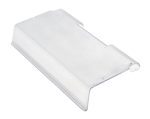 A Quantum Clear Lid designed for Bin QUS232 is shown on a white background, featuring a lightweight, smooth look with rounded edges and a slightly curved form. Its sold individually but comes in cartons of 8.