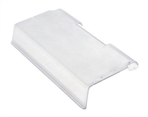 A Quantum Clear Lid designed for Bin QUS232 is shown on a white background, featuring a lightweight, smooth look with rounded edges and a slightly curved form. Its sold individually but comes in cartons of 8.