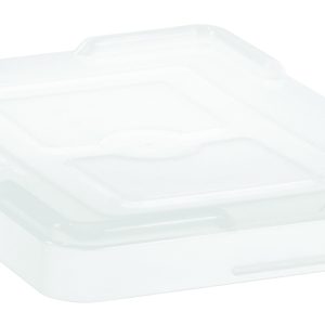 The Quantum Lid Cover, clear and made in the USA, has raised edges, two indented square patterns on top, rounded corners, and slightly protruding sides for a secure fit with DG91025, DG91035, and DG91050.