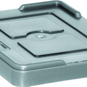 The Quantum Lid Cover is a gray, rectangular, plastic lid designed for containers DG94025, DG91035, and DG91050. It has rounded corners, raised edges, and a circular indentation between two squares. Manufacturer details are embossed on one side.