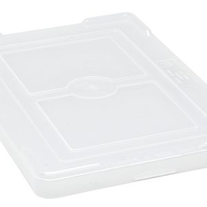The Quantum Lid Cover, designed for DG92035, DG92050, DG92060, and DG92080 models, is clear with a central circular indentation and slightly raised rectangular edges. It has minimal embossed text indicating brand details. Made in the USA.