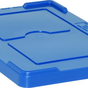 The Quantum Lid Cover, designed for models DG92035, DG92050, DG92060, and DG92080, is blue with a rectangular shape. It features raised edges for a snug fit with a central indentation and rounded corners. One side has small text and markings for identification.