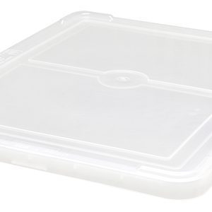 The Quantum Lid Cover, a clear design made in the USA, fits perfectly with DG93030. It features sleek rounded corners and a central circular indentation, elegantly showcased on a pristine white background.