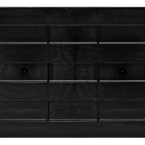 The Quantum Cross Divider, designed for Bin QUS270 and made in the USA, is a black plastic rectangular object with a grid pattern and features two central circular indentations. Textured lines and shading variations enhance its depth. Available in a pack of six.
