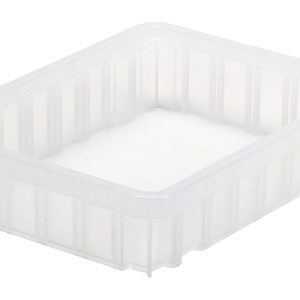 Clear Quantum Dividable Grid Container with ridged sides, measuring 11-7/8L x 8-1/4W x 2-1/2H and an open top. Made in USA for superior quality.