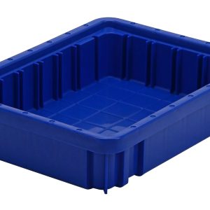 The Quantum Dividable Grid Container in blue, measuring 11-7/8L x 8-1/4W x 2-1/2H, has a grid pattern base and ribbed sides, ideal for efficient small item organization. Made in the USA.