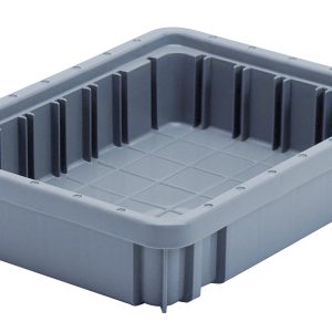 The Quantum Dividable Grid Container, 11-7/8L x 8-1/4W x 2-1/2H, is a gray plastic storage bin with ribbed sides, proudly made in the USA and shown empty against a white background.