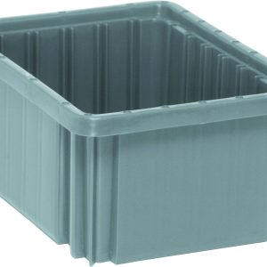 The Quantum Dividable Grid Container, measuring 11-7/8L x 8-1/4W x 5H, is a large gray storage bin made in the USA. It features reinforced sides with textured vertical ridges for strength and a smooth interior for easy organization.