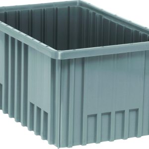 The Quantum Dividable Grid Container, 16-1/2L x 10-7/8W x 8H, features a rectangular shape with ribbed sides and an open top. Its sturdy appearance in gray suggests suitability for storage or industrial use. Made in the USA and viewed from an angle, it showcases its depth effectively.