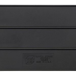 The black plastic storage container lid features a textured finish with the Quantum Storage Systems OS2405 Made in U.S.A. logo at its center. Its designed for SSB425 and SSB445, while also accommodating the Quantum bin divider for use with SSB425, SSB445, SSB465, and SSB485.