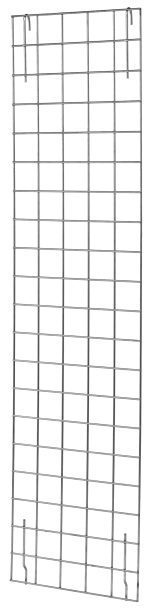 The Quantum Enclosure Panel is a sleek, rectangular metal wire grid with a chrome-plated finish, featuring vertical and horizontal lines forming squares. It measures 12W x 62H and includes two hooks for hanging plus two bottom supports for stability.
