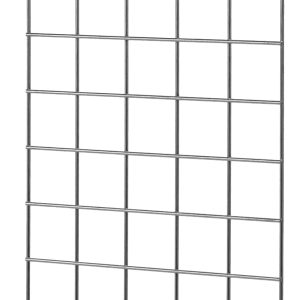 The Quantum Enclosure Panel is a sleek, rectangular metal wire grid with a chrome-plated finish, featuring vertical and horizontal lines forming squares. It measures 12W x 62H and includes two hooks for hanging plus two bottom supports for stability.