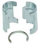 The Quantum Split Sleeve features two semi-circular aluminum lock cylinders facing each other, complemented by a separate round metal retaining clip. The durable aluminum cylinders have fitting notches and are part of an intricate locking mechanism. Each pack contains 4 pairs.