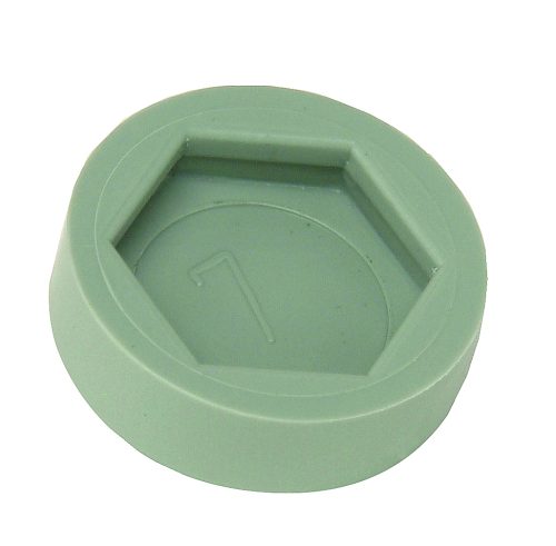 A green hexagonal Quantum Floor Glide with a raised center and 1 embossed on it, designed as non-marring floor protectors, is shown on a white background (4 per pack).