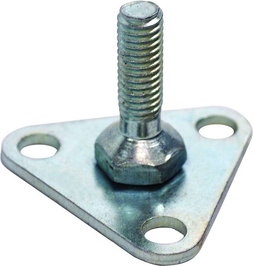 The Quantum Foot Plate, Triangular, Chrome features a chrome leveling foot with a hexagonal threaded bolt attached to a triangular base plate. It has three mounting holes at the corners and a shiny, smooth surface for functionality and style.