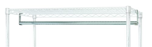 The Quantum Hang Bar, 36W with a chrome-plated finish, features an open design white metal wire shelving unit with a single top shelf and crisscross pattern. Its sleek structure includes a hang bar below the shelf, with no items placed on or around it.